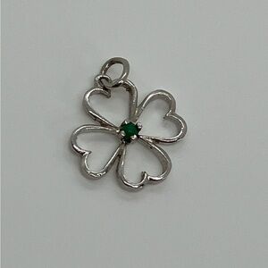 Vtg 925 Sterling Silver & Green Cz Lucky Irish 4 Leaf Clover Charm / Pendant